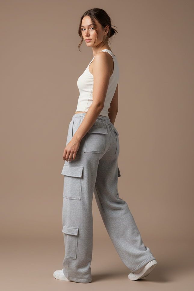 Pantalon Fluide Gris Ample Cargo Décontracté Femme - Molleton