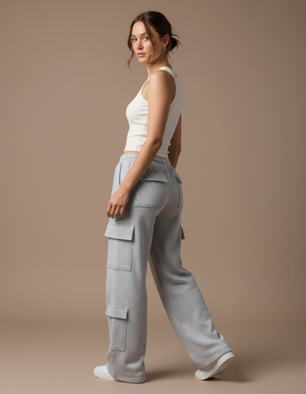 Pantalon Fluide Gris Ample Cargo Décontracté Femme - Molleton