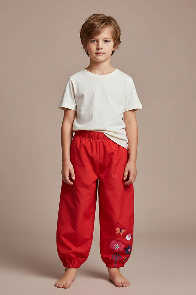 Pantalon Fluide Rouge Ample Imprimé Floral Enfant - Polyester
