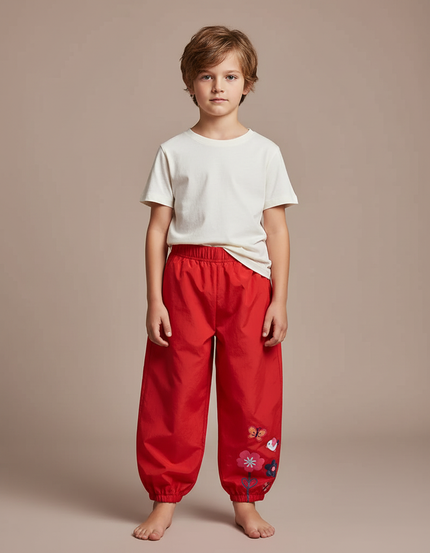 Pantalon Fluide Rouge Ample Imprimé Floral Enfant - Polyester