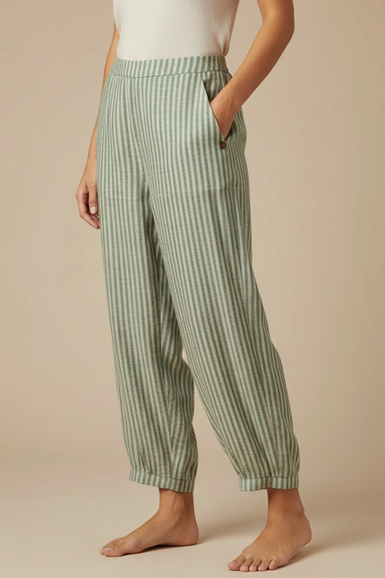 Pantalon Fluide Vert Rayé Ample Taille Haute - Lin