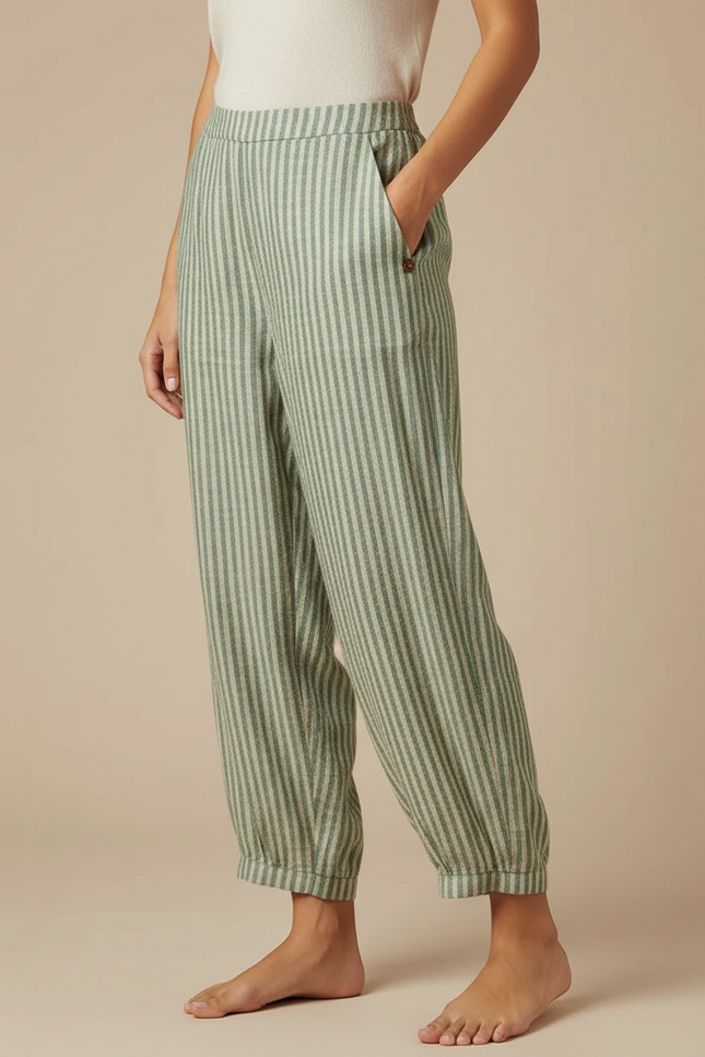 Pantalon Fluide Vert Rayé Ample Taille Haute - Lin