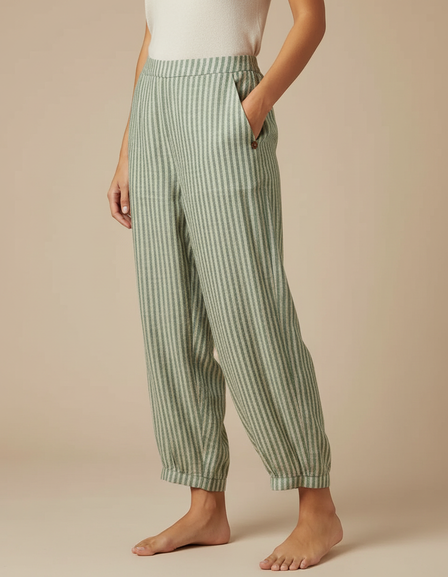 Pantalon Fluide Vert Rayé Ample Taille Haute - Lin