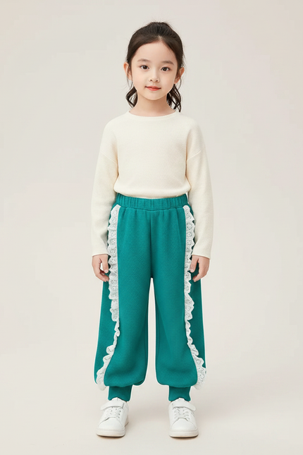 Pantalon Fluide Vert Dentelle Ample Confortable Fille - Maille