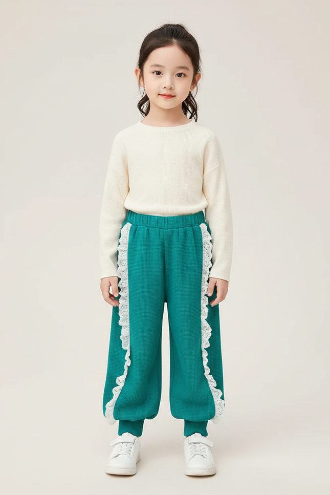 Pantalon Fluide Vert Dentelle Ample Confortable Fille - Maille