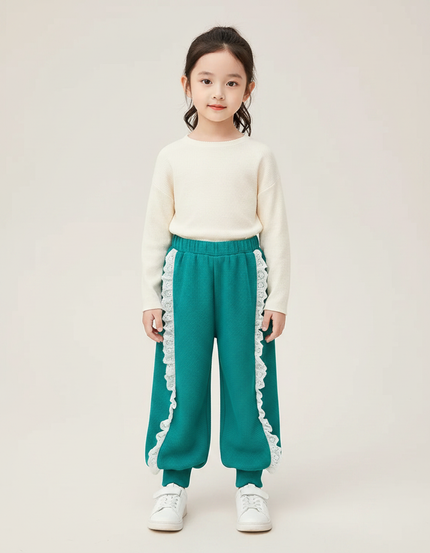Pantalon Fluide Vert Dentelle Ample Confortable Fille - Maille