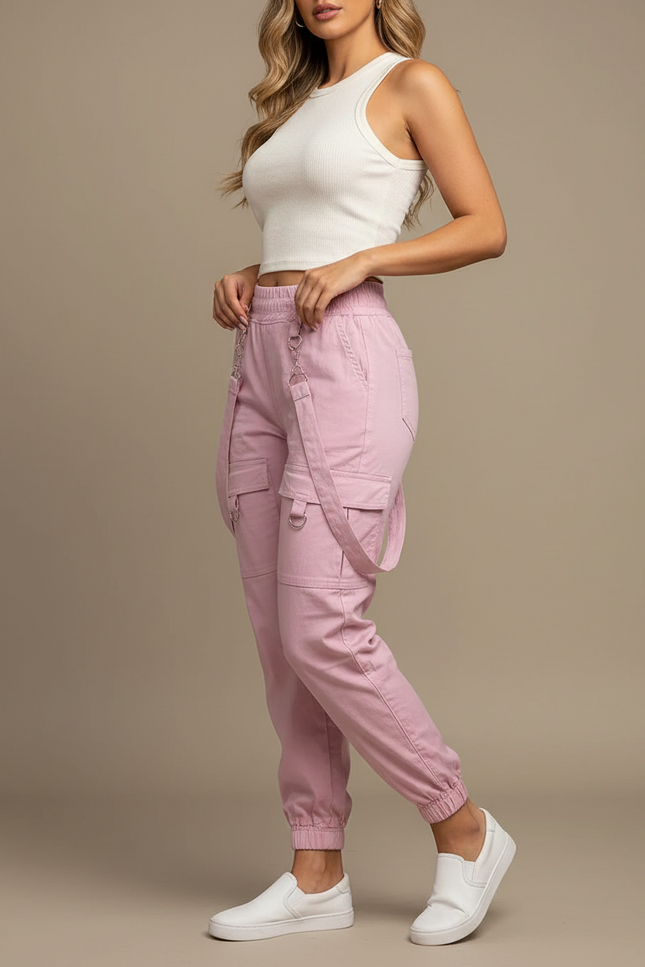 Pantalon Fluide Rose Cargo Bretelles Décontracté Streetwear - Toile
