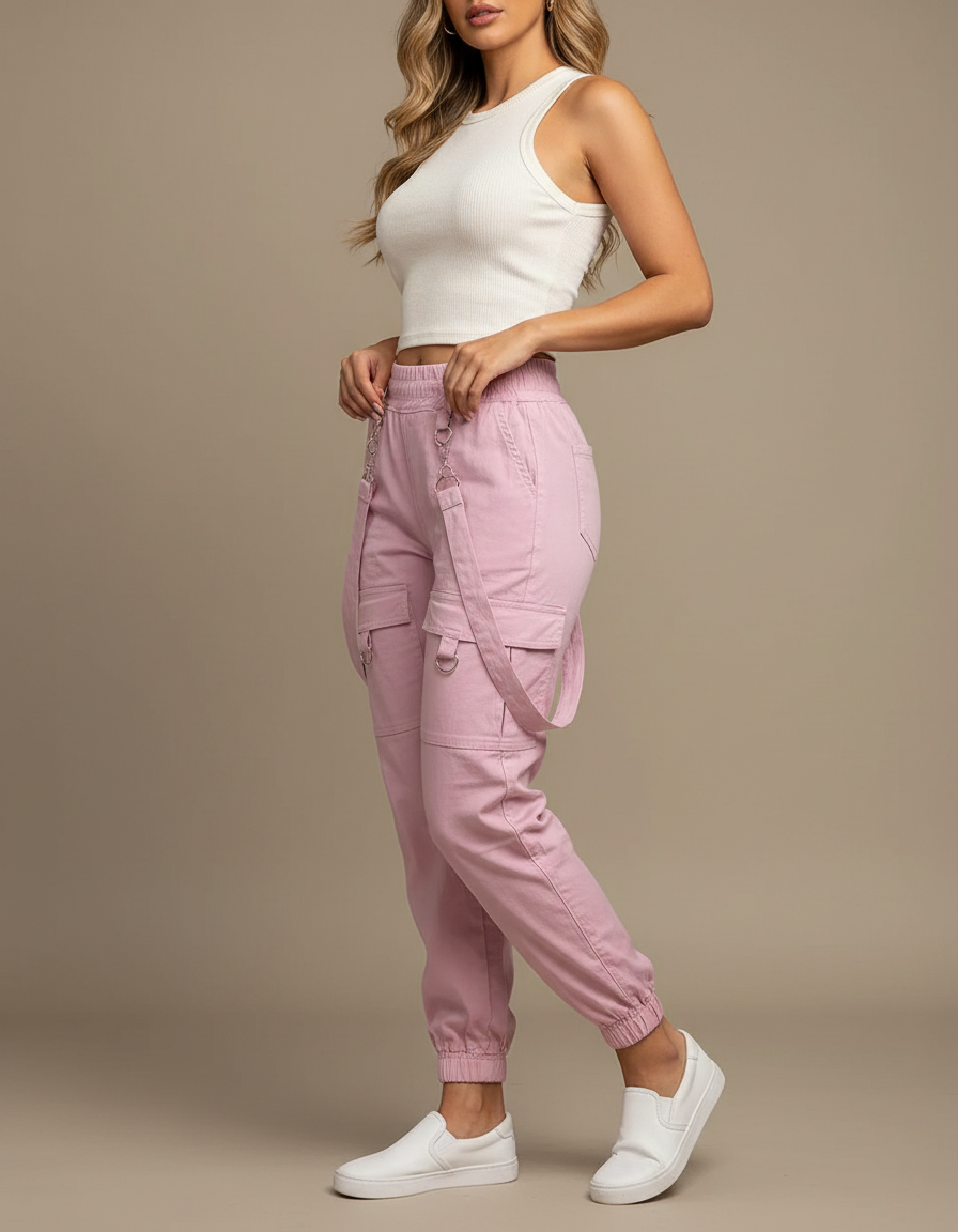 Pantalon Fluide Rose Cargo Bretelles Décontracté Streetwear - Toile