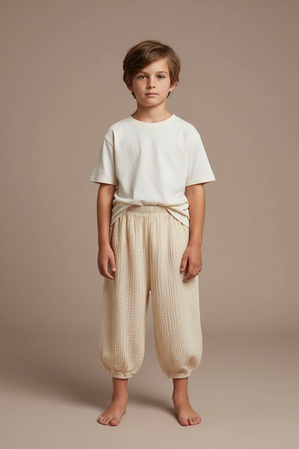 Pantalon Fluide Écru Ample Coton Gaufré Enfant - Beige