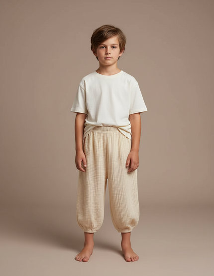 Pantalon Fluide Écru Ample Coton Gaufré Enfant - Beige