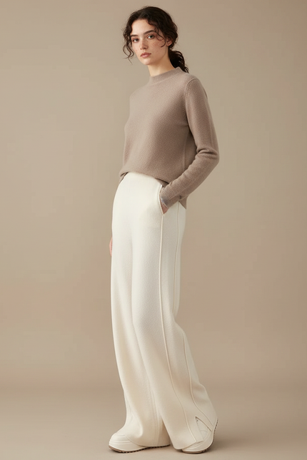 Pantalon Fluide Écru Laine Ample Tricoté Fendu - Beige