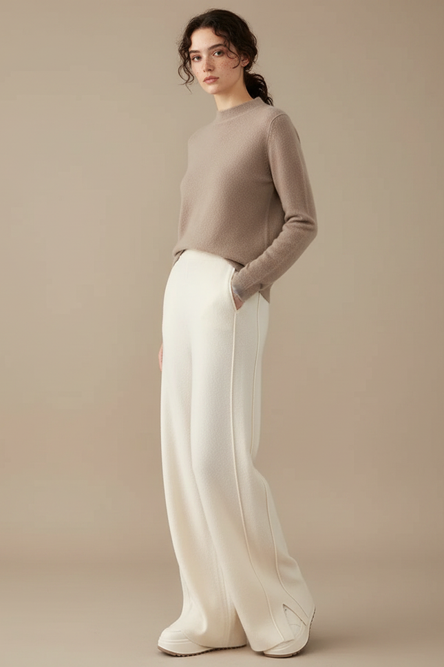 Pantalon Fluide Écru Laine Ample Tricoté Fendu - Beige