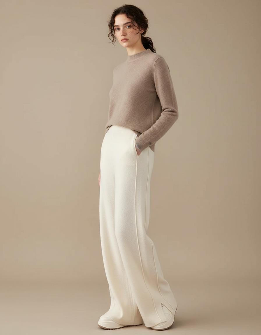 Pantalon Fluide Écru Laine Ample Tricoté Fendu - Beige