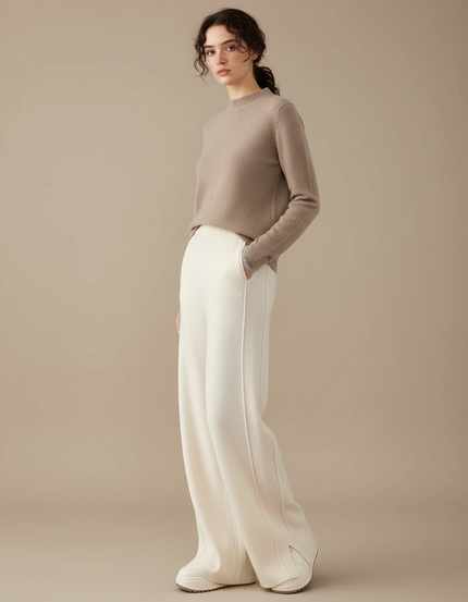 Pantalon Fluide Écru Laine Ample Tricoté Fendu - Beige