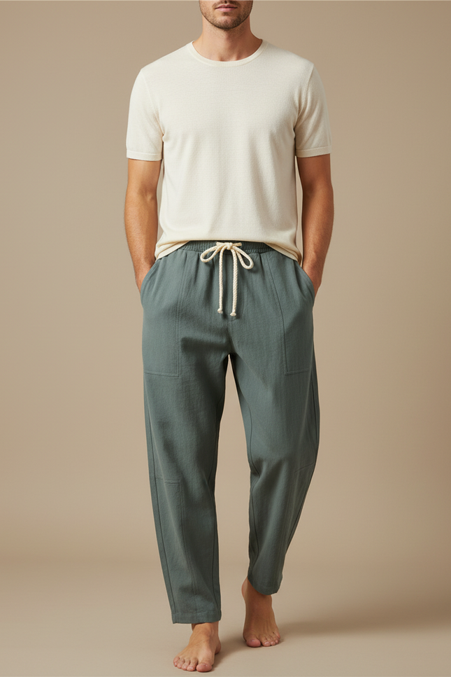 Pantalon Fluide Vert Cordon Coton Ample Décontracté Homme