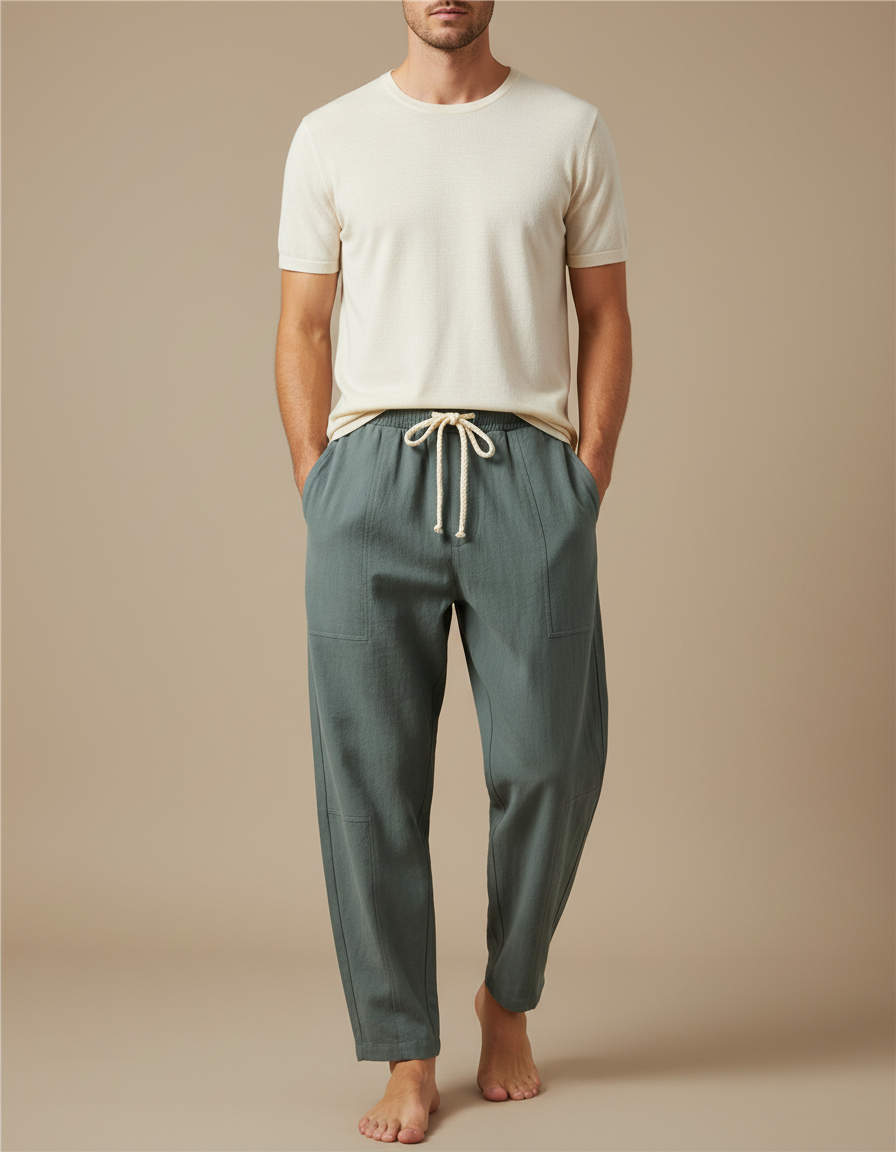 Pantalon Fluide Vert Cordon Coton Ample Décontracté Homme