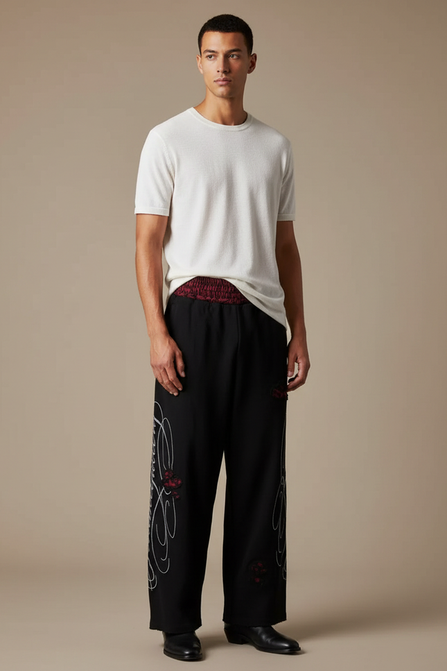 Pantalon Fluide Noir Ample Brodé Décontracté - Viscose