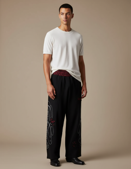 Pantalon Fluide Noir Ample Brodé Décontracté - Viscose