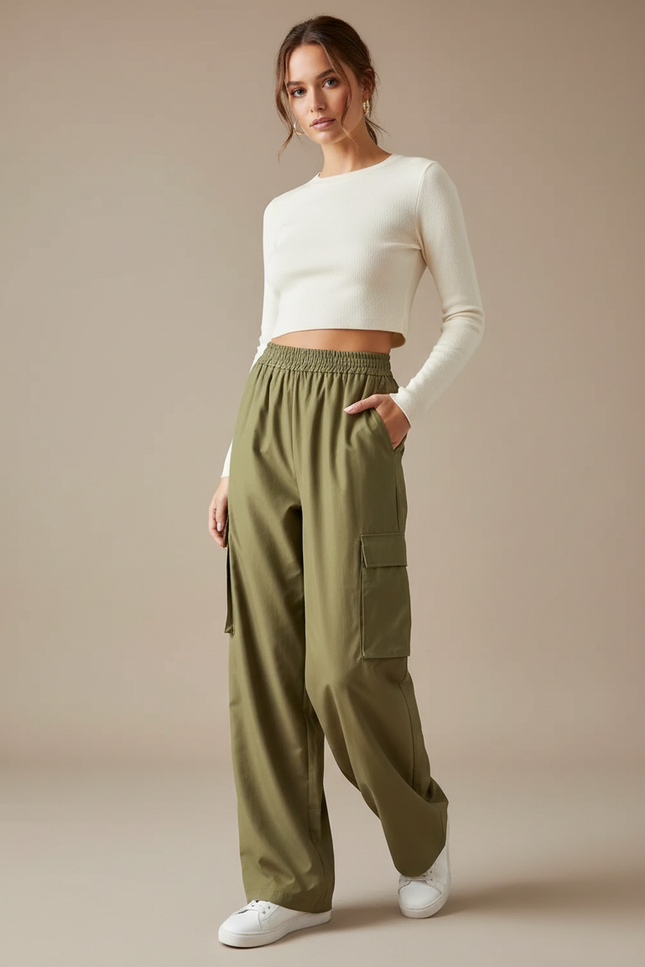Pantalon Fluide Kaki Ample Cargo Taille Haute - Polyester
