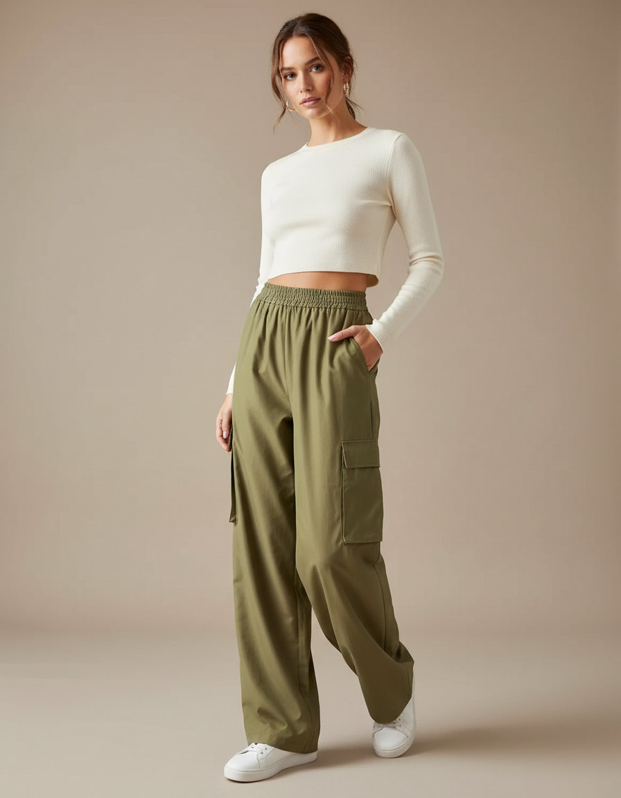 Pantalon Fluide Kaki Ample Cargo Taille Haute - Polyester