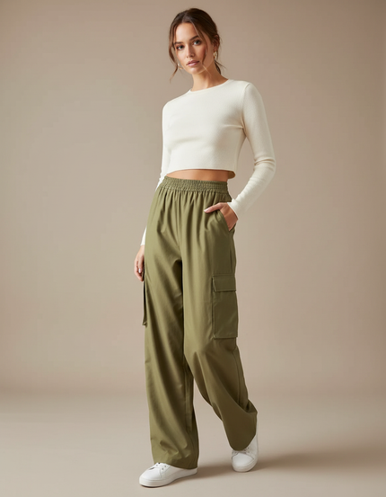 Pantalon Fluide Kaki Ample Cargo Taille Haute - Polyester