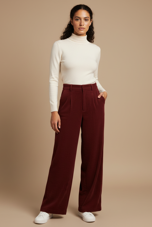Pantalon Velours Fluide Femme - Bordeaux Cordé