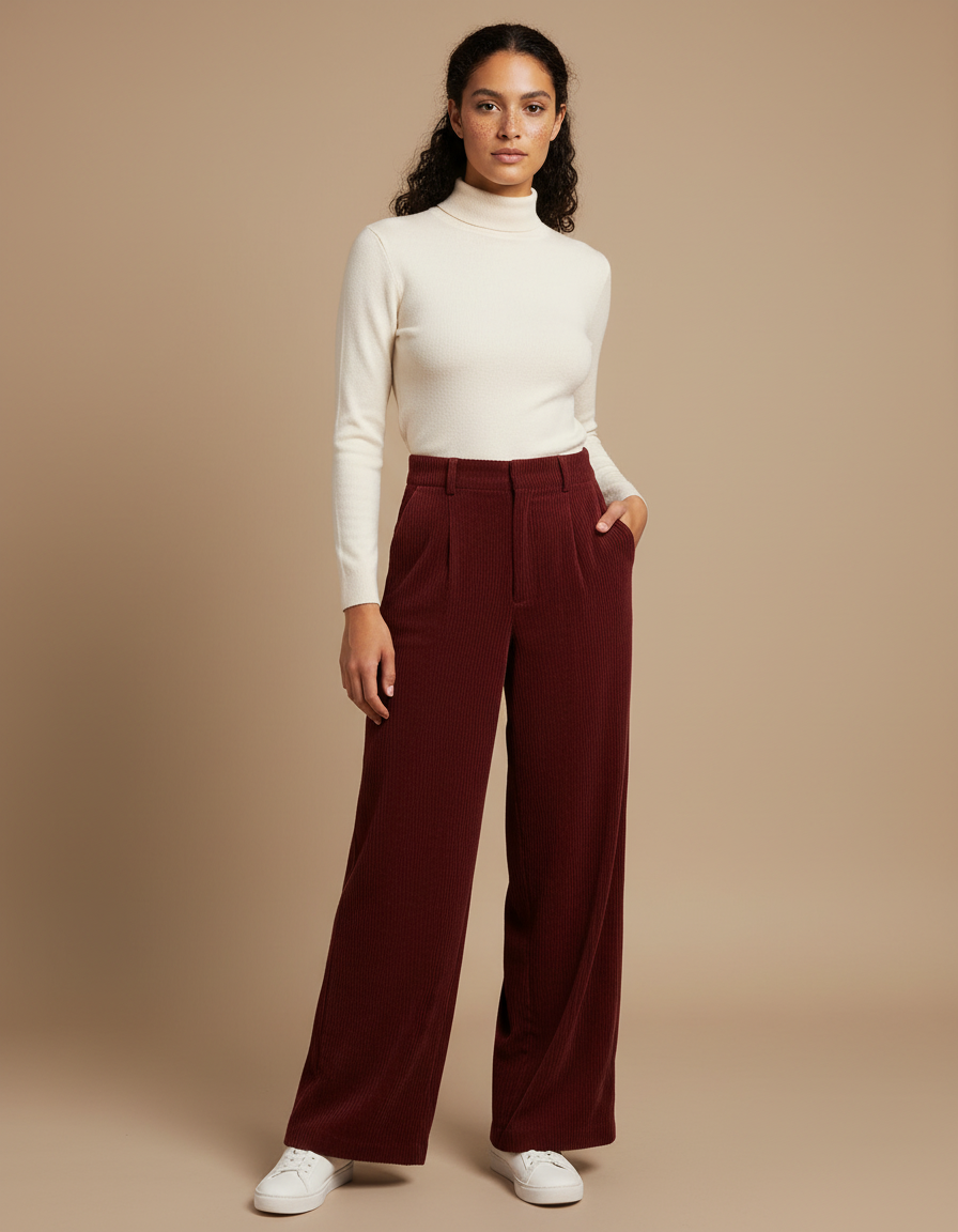 Pantalon Velours Fluide Femme - Bordeaux Cordé