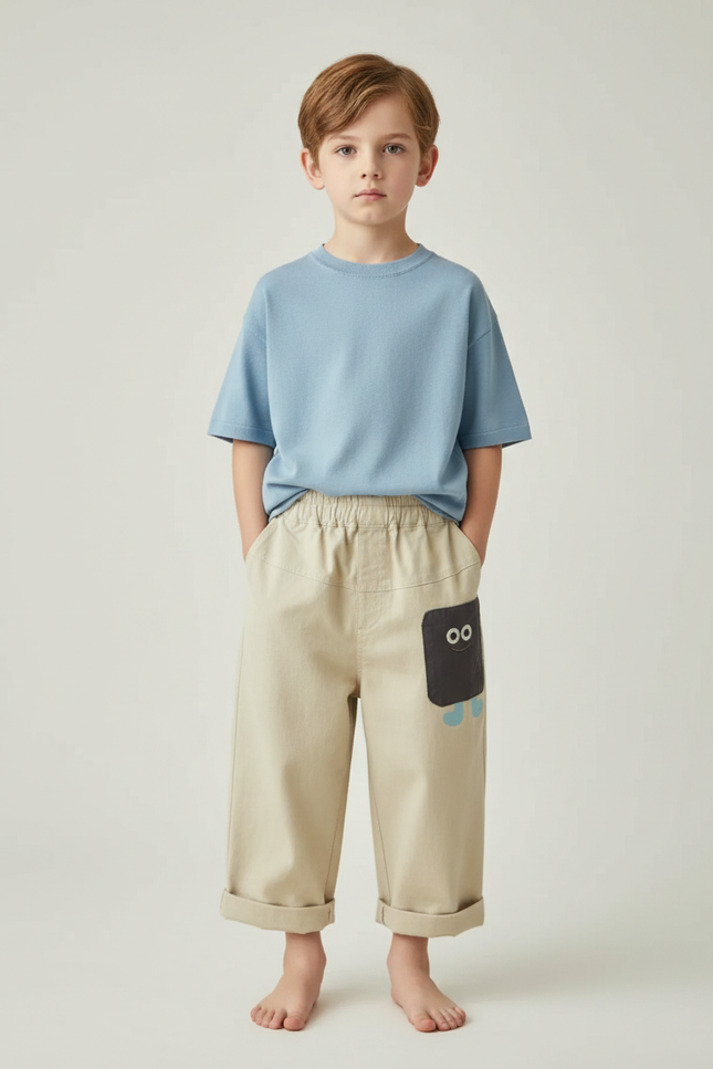 Pantalon Fluide Beige Coton Ample Garçon Décontracté