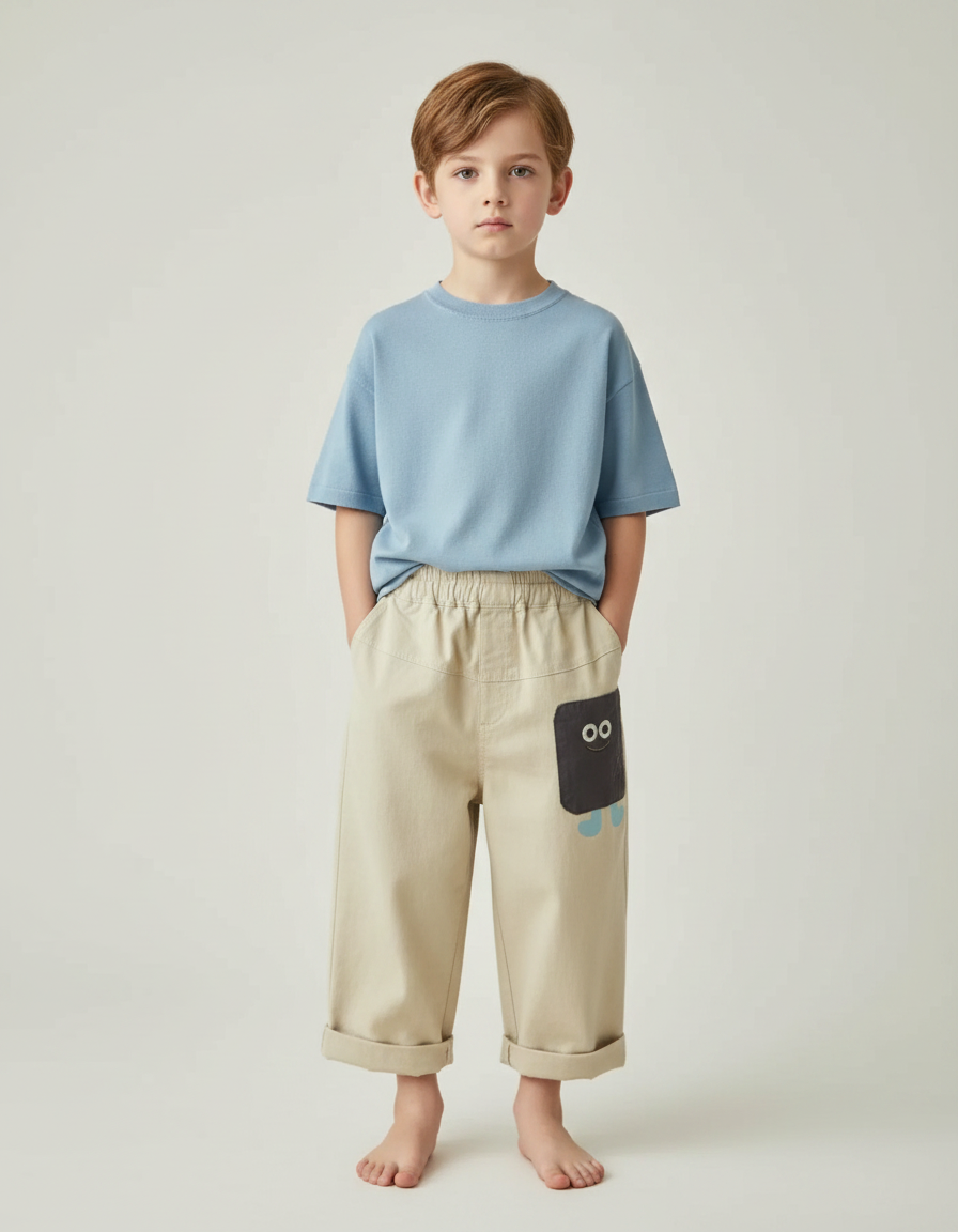 Pantalon Fluide Beige Coton Ample Garçon Décontracté