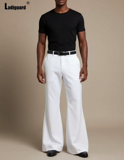 Pantalon Fluide Blanc Évasé Vintage Homme Élégant - Polyester