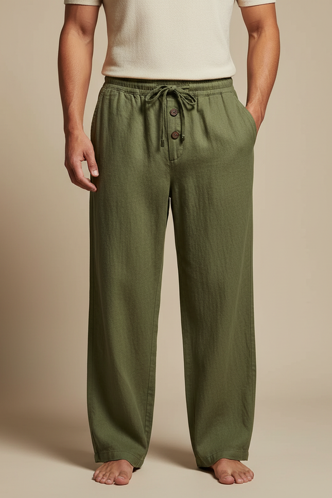 Pantalon Fluide Vert Lin Ample Décontracté Cordon Homme - Kaki