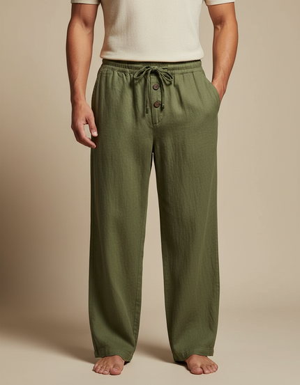 Pantalon Fluide Vert Lin Ample Décontracté Cordon Homme - Kaki