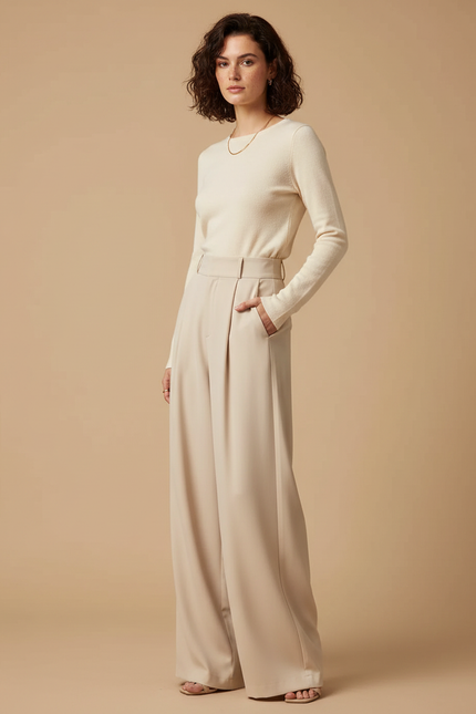 Pantalon Fluide Écru Taille Haute Ample Élégant - Beige Polyester