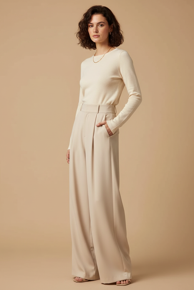 Pantalon Fluide Écru Taille Haute Ample Élégant - Beige Polyester