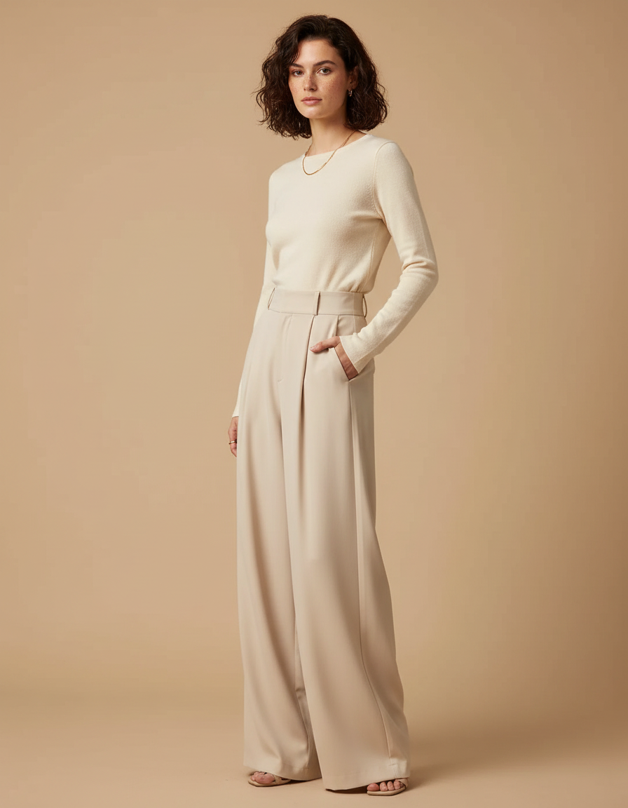 Pantalon Fluide Écru Taille Haute Ample Élégant - Beige Polyester