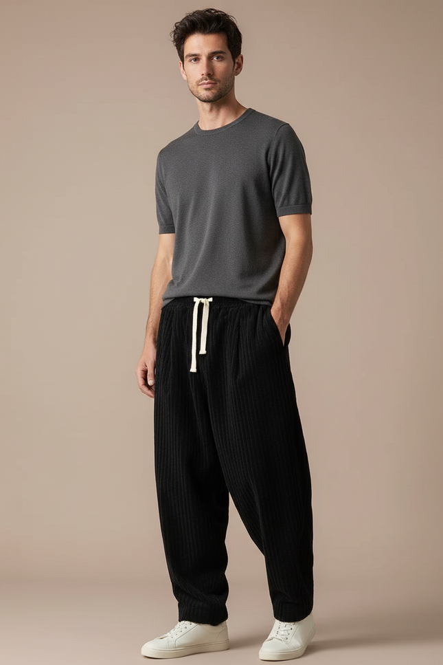 Pantalon Fluide Noir Côtelé Ample Cordon Décontracté - Cordé