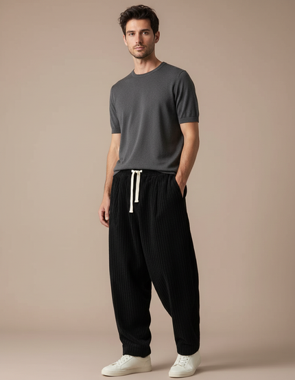 Pantalon Fluide Noir Côtelé Ample Cordon Décontracté - Cordé