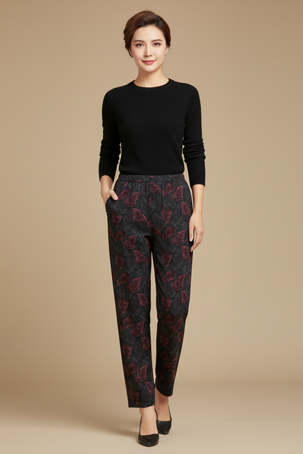 Pantalon Fluide Noir Fleuri Ample Décontracté Femme - Imprimé Polyester