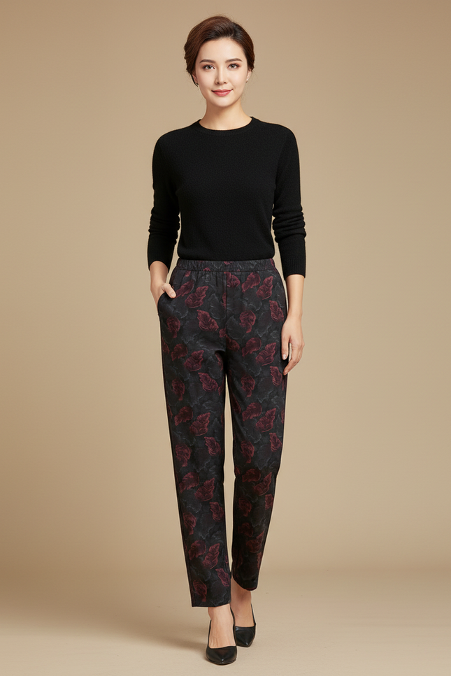 Pantalon Fluide Noir Fleuri Ample Décontracté Femme - Imprimé Polyester