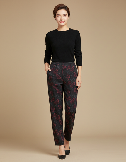Pantalon Fluide Noir Fleuri Ample Décontracté Femme - Imprimé Polyester