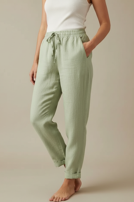 Pantalon Fluide Vert Lin Coton Ample Décontracté Cordon