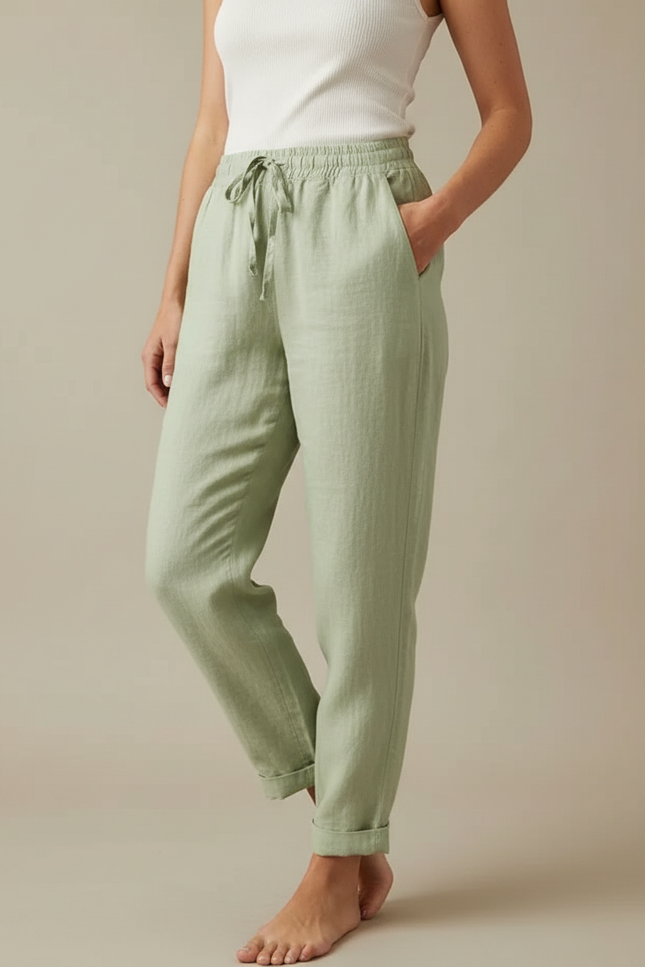 Pantalon Fluide Vert Lin Coton Ample Décontracté Cordon