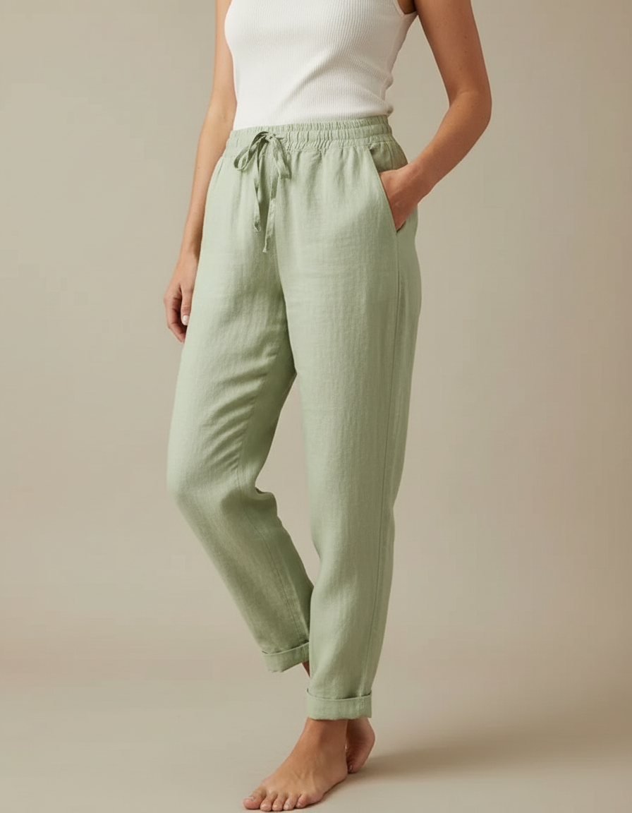 Pantalon Fluide Vert Lin Coton Ample Décontracté Cordon