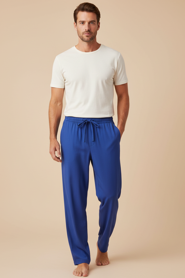 Pantalon Fluide Bleu Droit Décontracté Homme Cordon - Polyester