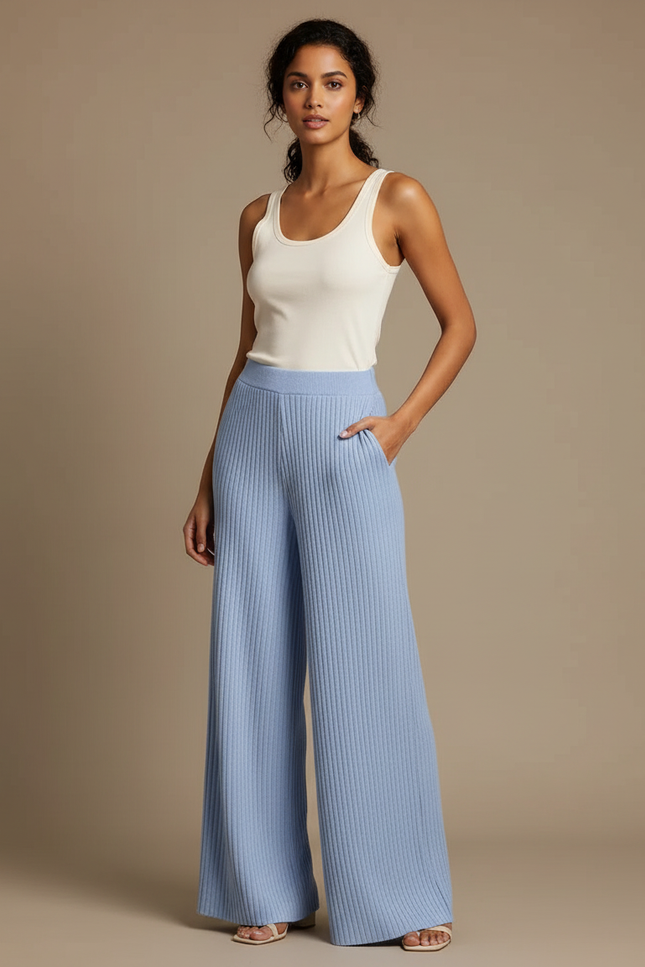 Pantalon Fluide Bleu Côtelé Ample Tricot Femme - Maille