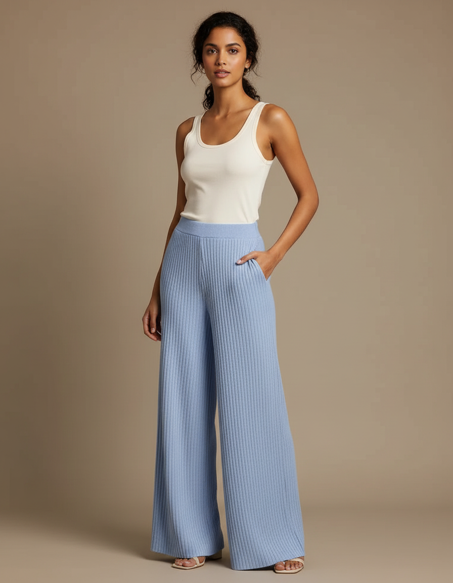 Pantalon Fluide Bleu Côtelé Ample Tricot Femme - Maille