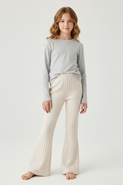 Pantalon Fluide Écru Côtelé Évasé Confortable Fille - Beige Maille
