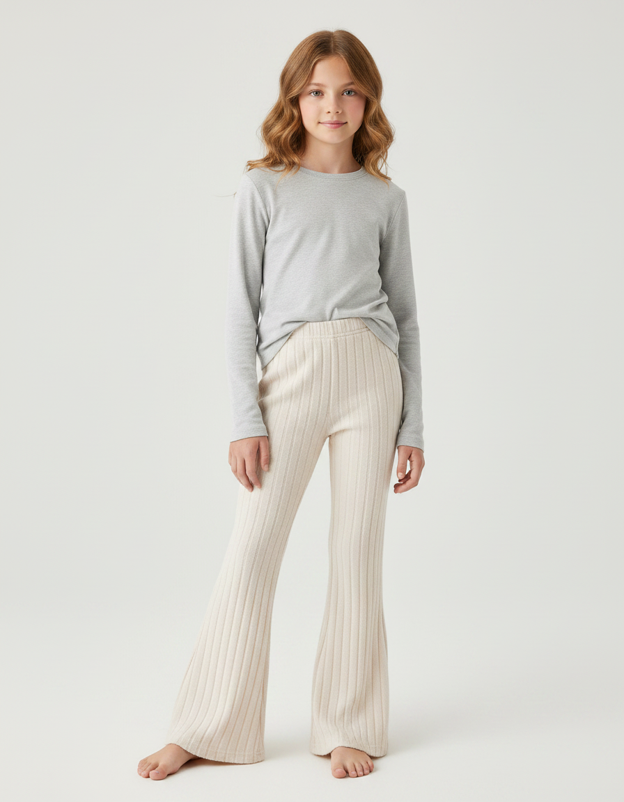 Pantalon Fluide Écru Côtelé Évasé Confortable Fille - Beige Maille
