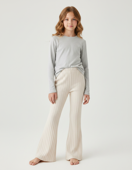 Pantalon Fluide Écru Côtelé Évasé Confortable Fille - Beige Maille