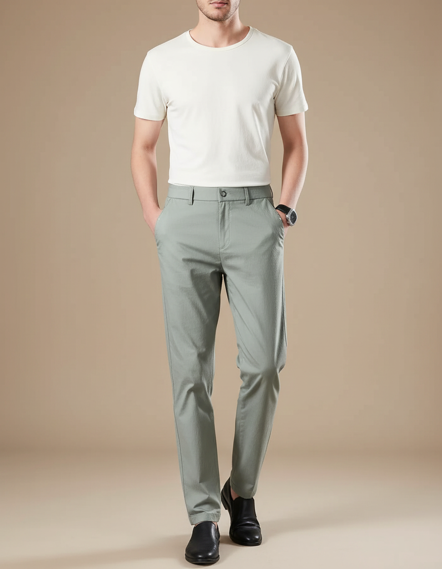 Pantalon Fluide Vert Homme Décontracté Léger Droit - Viscose